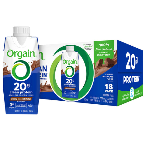 Orgain Clean Grass Fed Protein Shake, Creamy Chocolate Fudge, 11 Fl Oz, 18-Pack