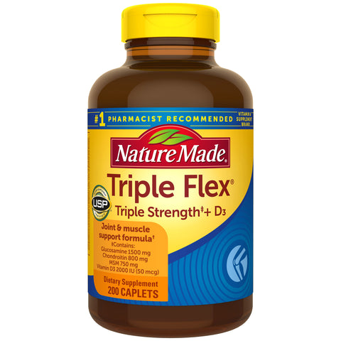 Nature Made Tripleflex Triple Strength Glucosamine, Chondroitin, MSM+ D3, 200 Caplets | USP Verified