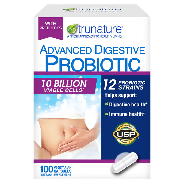 100 Capsules Trunature Advanced Digestive Probiotic with 12 Strains Delivers 10 Billion Live Active Cultures