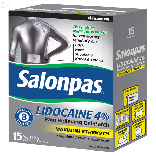 Salonpas LIDOCAINE 4% Pain Relieving Gel-Patch, 15 Patches | Offer ToGo