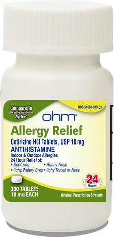 Ohm 24-Hour Allergy Medicine (300-Count) Antihistamine for Pollen, Hay Fever, Dry, Itchy Eyes, Allergies | Cetirizine Hcl 10Mg Tablets