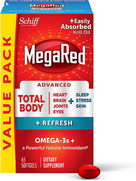 Megared Omega-3 Blend Total Body + Refresh 500Mg Softgels, (65 Count in a Bottle), Easily Absorbed Krill Oil, to Support Your Heart, Joints, Brain & Eyes