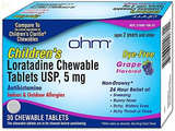 Ohm Children’S Chewable Tablets, Dye Free, Grape, Non-Drowsy 24H Relief of Sneezing, Runny Nose, Itchy Watery Eyes, Itchy Throat or Nose, Antihistamine, Indoor & Outdoor Allergies, 5Mg, 30 Tablets