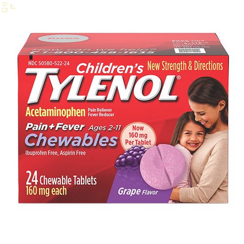 Tylenol Childrens Chewable Pain plus Fever Chewable Tablets, Grape, 24 Ea