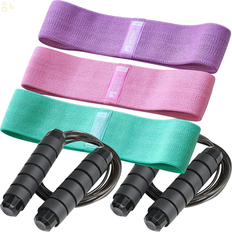 Resistance Bands for Butt, Legs, Thigh & Hip, Fabric Cloth Cloth Exercise Loop Bands Yoga, Pilates, Rehab, Fitness Strength Bands for Booty Set of 3 + 2 Jump Rope Skipping Workout