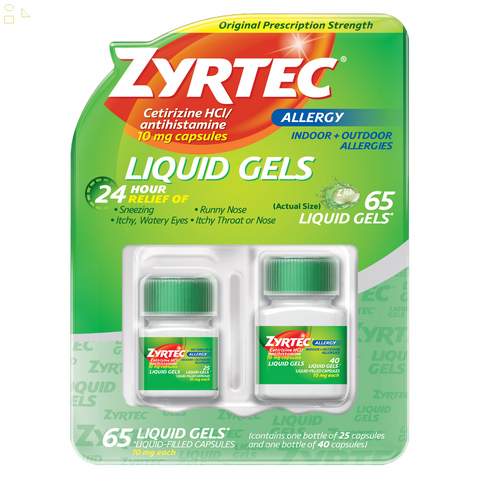 2 Pack Zyrtec 24 Hour Non-Drowsy, Allergy Relief Antihistamine Cetirizine Hcl 10 Mg, 65 Liquid Gels each 