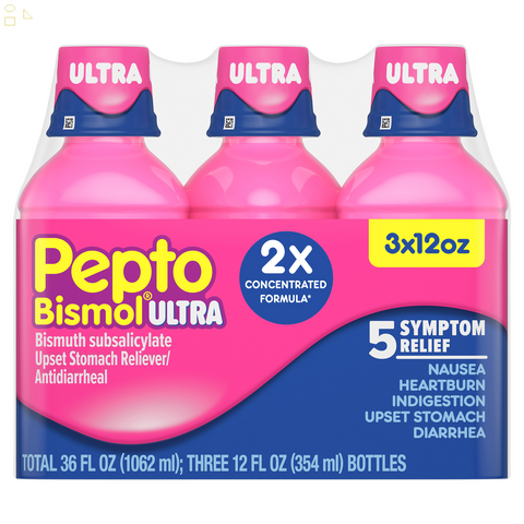 Pepto Bismol Ultra, 5 Symptom Digestive Relief Liquid, 3 x12 Ounces Each