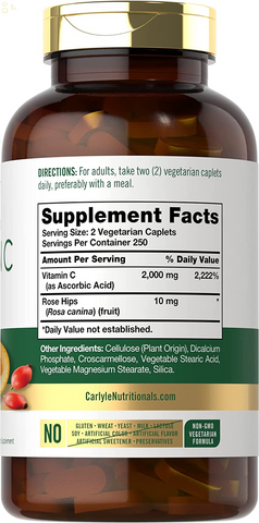Vitamin C 1000Mg | 500 Vegetarian Caplets | Ascorbic Acid with Wild Rose Hips | High Strength Formula | Non-Gmo and Gluten Free Supplement