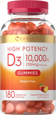 Vitamin D3 Gummies | 10,000 Iu | 180 Count | Vegetarian, Non-Gmo, and Gluten Free Formula | High Potency Vitamin D Supplement | Natural Peach Flavored Gummies
