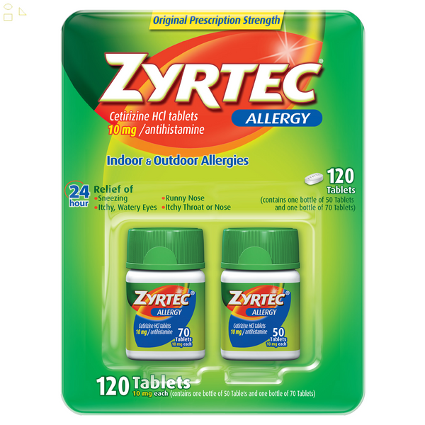 2 Pack Zyrtec 24 Hour Non-Drowsy, Allergy Relief Antihistamine Cetirizine Hcl 10 Mg, 120 Tablets each 