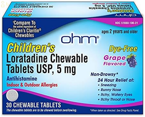 Ohm Children’S Chewable Tablets, Dye Free, Grape, Non-Drowsy 24H Relief of Sneezing, Runny Nose, Itchy Watery Eyes, Itchy Throat or Nose, Antihistamine, Indoor & Outdoor Allergies, 5Mg, 30 Tablets