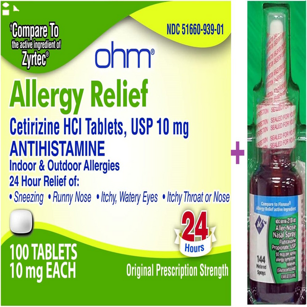 Cetirizine 10Mg Non-Drowsy Allergy Relief Tablets Antihistamine (100 Ct.) plus 1 Bottle, 144 Sprays Of MM Fluticasone Nasal Spray 50Mcg | Compare to Zyrtec & Flonase Active Ingredients | Indoo