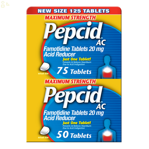 2 Pack Pepcid AC Maximum Strength Famotidine, Antacid, Acid Controller, Heartburn Relief 20 Mg, 125 Tablets each 