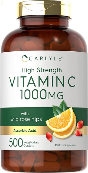 Vitamin C 1000Mg | 500 Vegetarian Caplets | Ascorbic Acid with Wild Rose Hips | High Strength Formula | Non-Gmo and Gluten Free Supplement