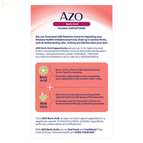 AZO Boric-Acid Vaginal Suppositories, Supports Odor Control and Balance Vaginal PH with Boric-Acid, Non-Gmo, 30 Count