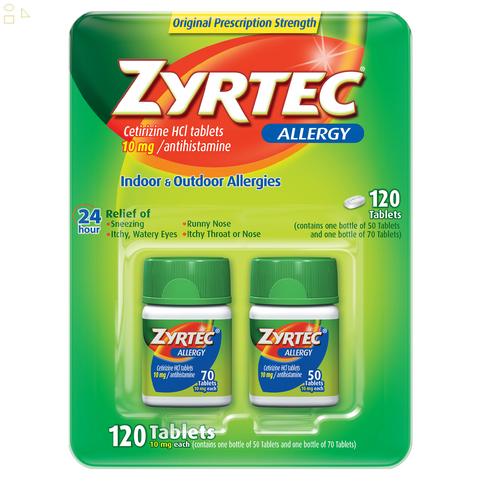 Zyrtec 24 Hour Allergy Relief Antihistamine Cetirizine Hcl 10 Mg, 120 Tablets Non-Drowsy