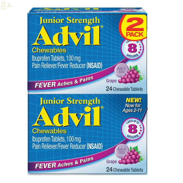 Children'S Advil Junior Strength Chewable Grape Flavor Pain Relief Medicine and Fever Reducer, 100 Mg Children'S Ibuprofen for Ages 2-11, 24 Ct (Pack of 2)