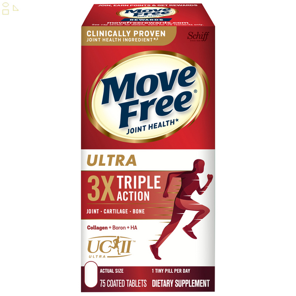 2 Pack Schiff Move Free Ultra Triple Action Joint Supplement, 75 Tablets each  Undenatured Type II Collagen, Hyaluronic Acid And Boron
