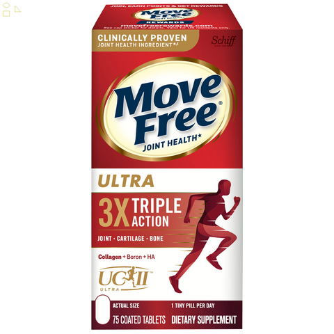 2 Pack Schiff Move Free Ultra Triple Action Joint Supplement, 75 Tablets each  Undenatured Type II Collagen, Hyaluronic Acid And Boron